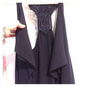 Navy blue crochet back tank top over shirt